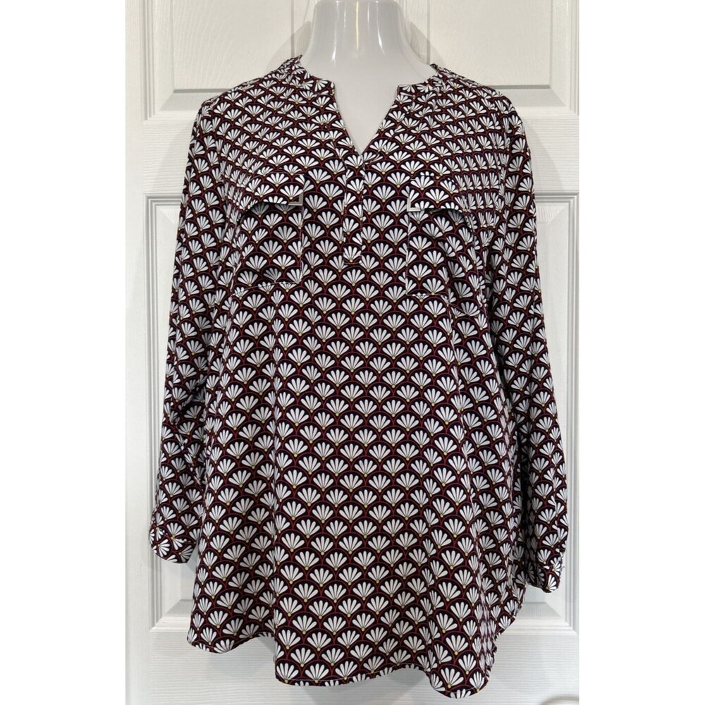 Norm Thompson Blue & Red Geometric Print Stretch Blouse Tunic Top Plus Size 1X